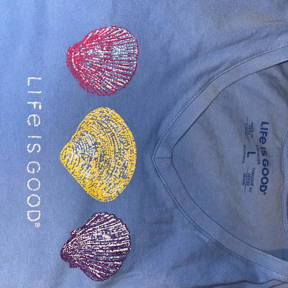 Life Is Good Blue Shirt with Colorful Shells